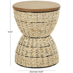 Tavolino d'appoggio in Rattan Intrecciato a Mano, Piano in Legno, Struttura Nera - Marrone Chiaro o Marrone