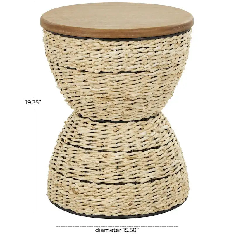 Tavolino d'appoggio in Rattan Intrecciato a Mano, Piano in Legno, Struttura Nera - Marrone Chiaro o Marrone