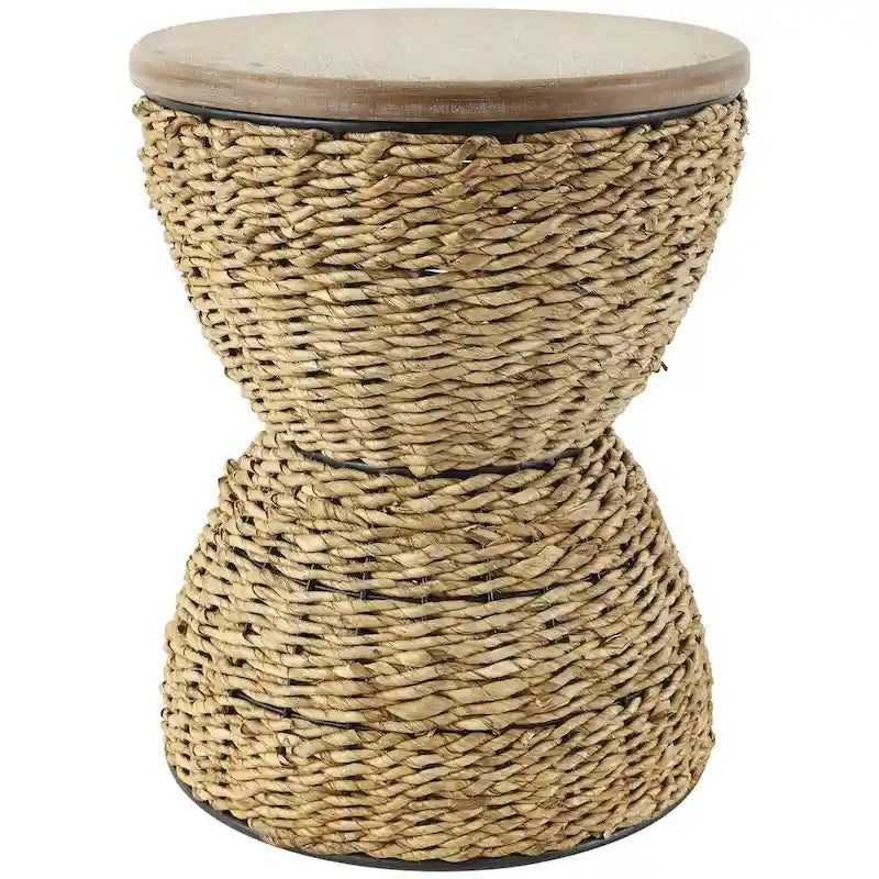 Tavolino d'appoggio in Rattan Intrecciato a Mano, Piano in Legno, Struttura Nera - Marrone Chiaro o Marrone