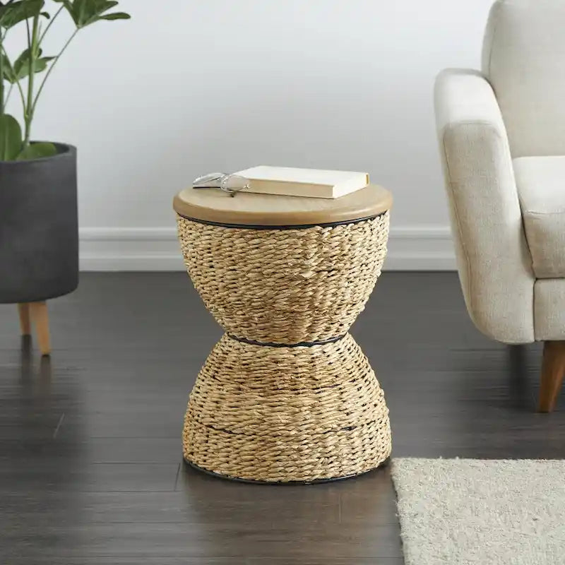 Tavolino d'appoggio in Rattan Intrecciato a Mano, Piano in Legno, Struttura Nera - Marrone Chiaro o Marrone