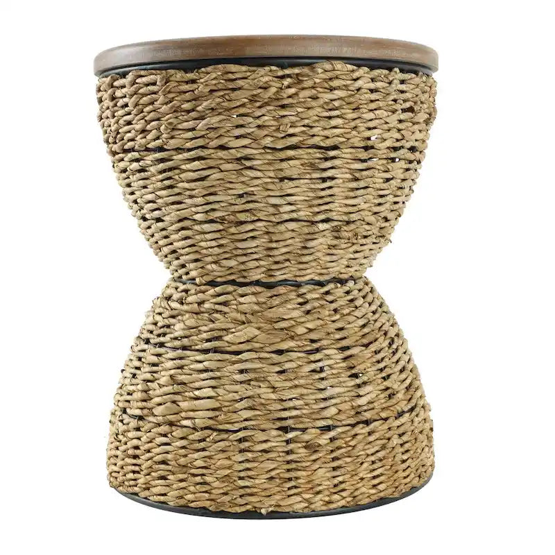 Tavolino d'appoggio in Rattan Intrecciato a Mano, Piano in Legno, Struttura Nera - Marrone Chiaro o Marrone