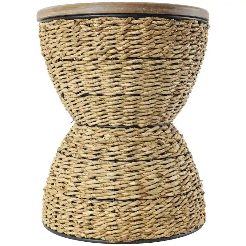 Tavolino d'appoggio in Rattan Intrecciato a Mano, Piano in Legno, Struttura Nera - Marrone Chiaro o Marrone