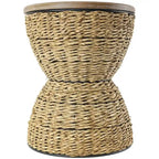 Tavolino d'appoggio in Rattan Intrecciato a Mano, Piano in Legno, Struttura Nera - Marrone Chiaro o Marrone
