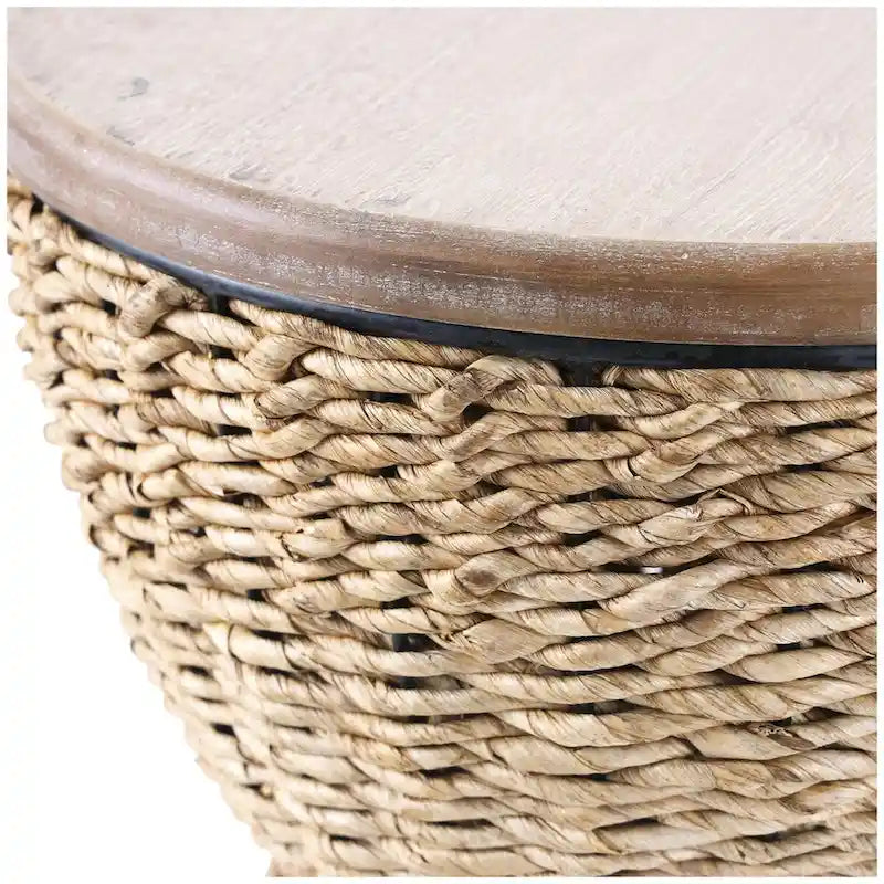 Tavolino d'appoggio in Rattan Intrecciato a Mano, Piano in Legno, Struttura Nera - Marrone Chiaro o Marrone