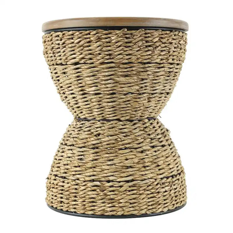 Tavolino d'appoggio in Rattan Intrecciato a Mano, Piano in Legno, Struttura Nera - Marrone Chiaro o Marrone