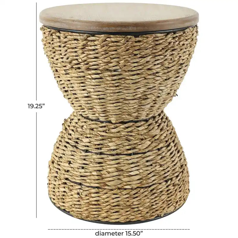 Tavolino d'appoggio in Rattan Intrecciato a Mano, Piano in Legno, Struttura Nera - Marrone Chiaro o Marrone
