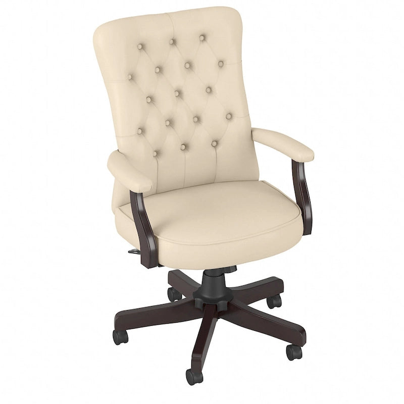 Sedia da ufficio con schienale alto e braccioli, trapuntatura capitonné, base in legno color espresso, capacità 125 kg